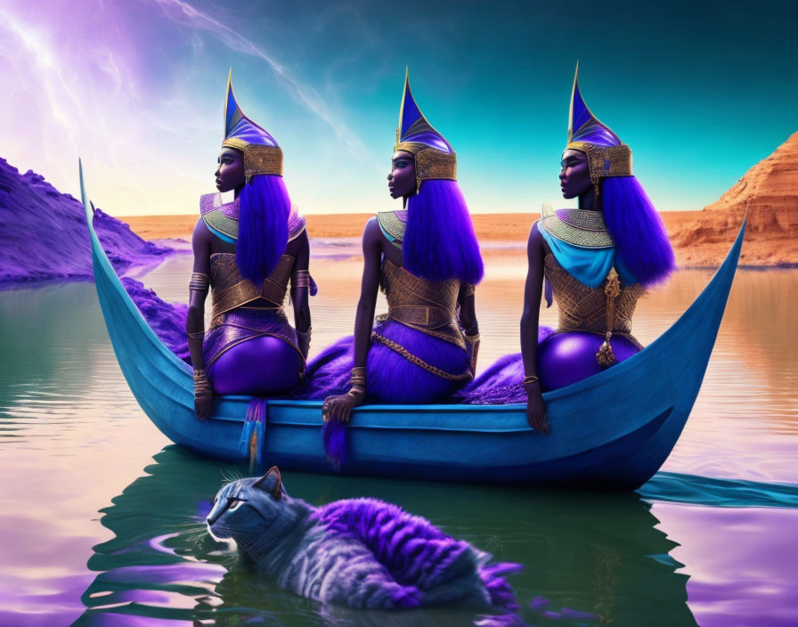 Three women with purple hair in ancient Egyptian attire on a boat with a cat in a surreal purple river