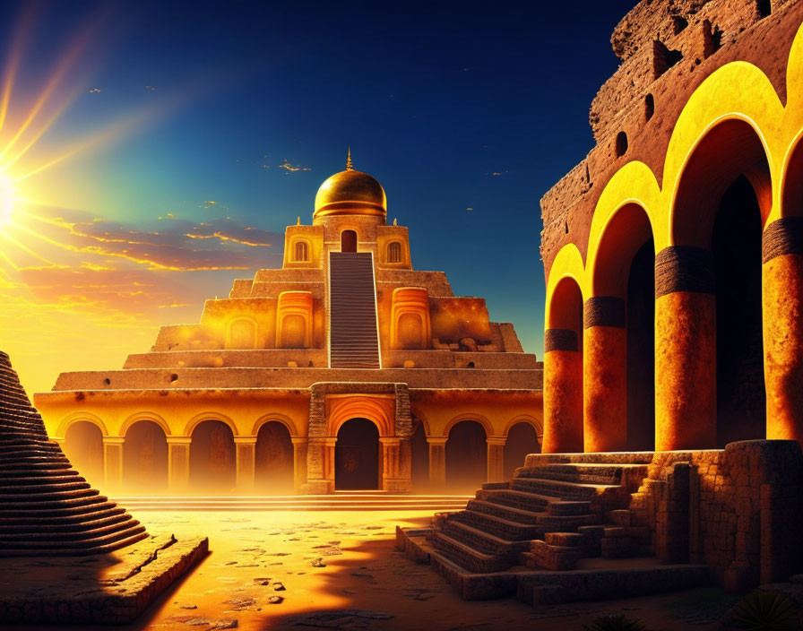 Majestic desert palace with golden domes and arches under dramatic sky