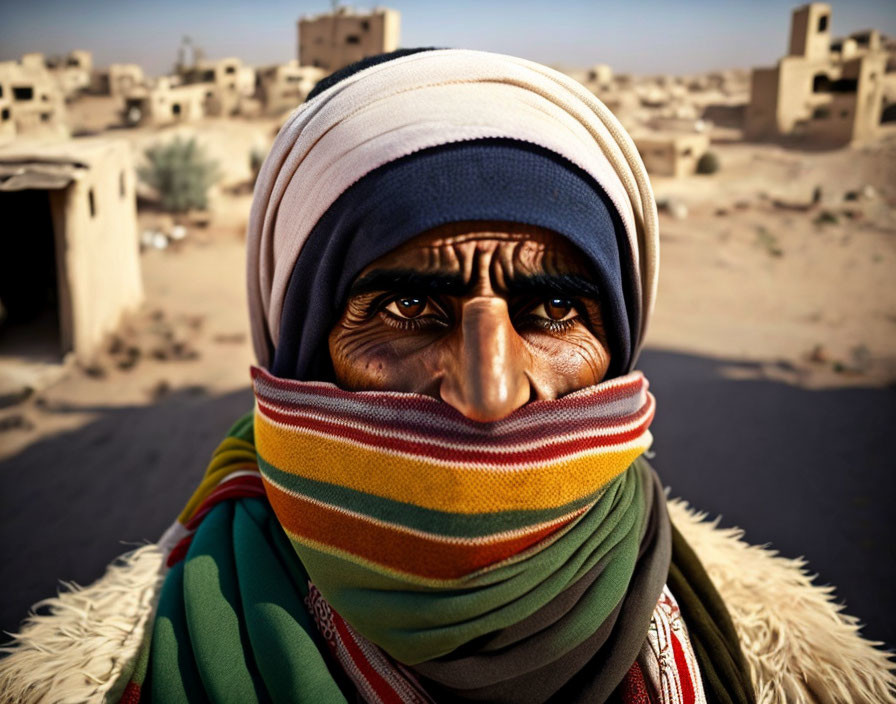 Person with weathered face in headscarf and striped scarf in desert village.