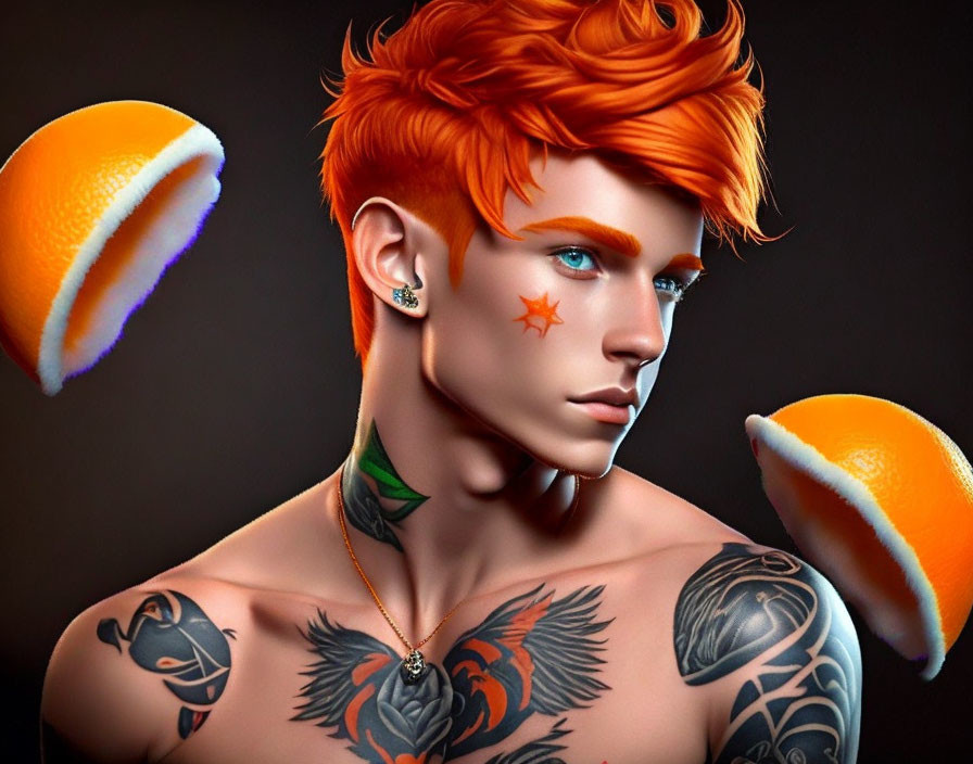 Vibrant 3D rendering of person with orange hair and tattoos