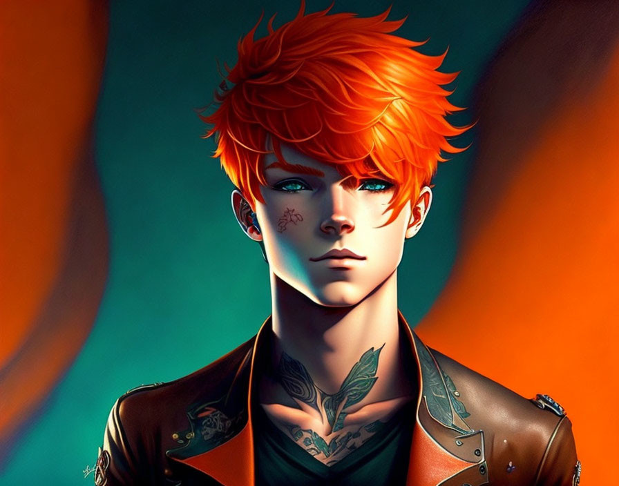 Man with Fiery Red Hair and Tattoos in Leather Jacket on Blue and Orange Background