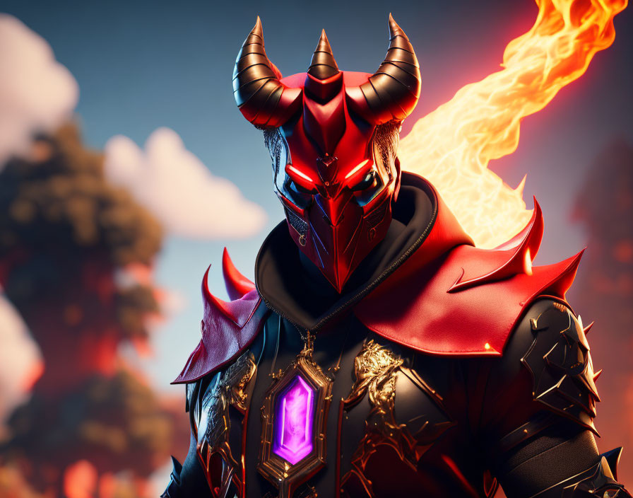 Red and black armored suit with demonic horns and glowing purple amulet on fiery backdrop