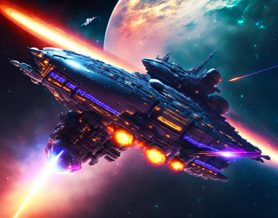 Detailed Sci-Fi Spaceship with Glowing Engines in Colorful Cosmic Scene