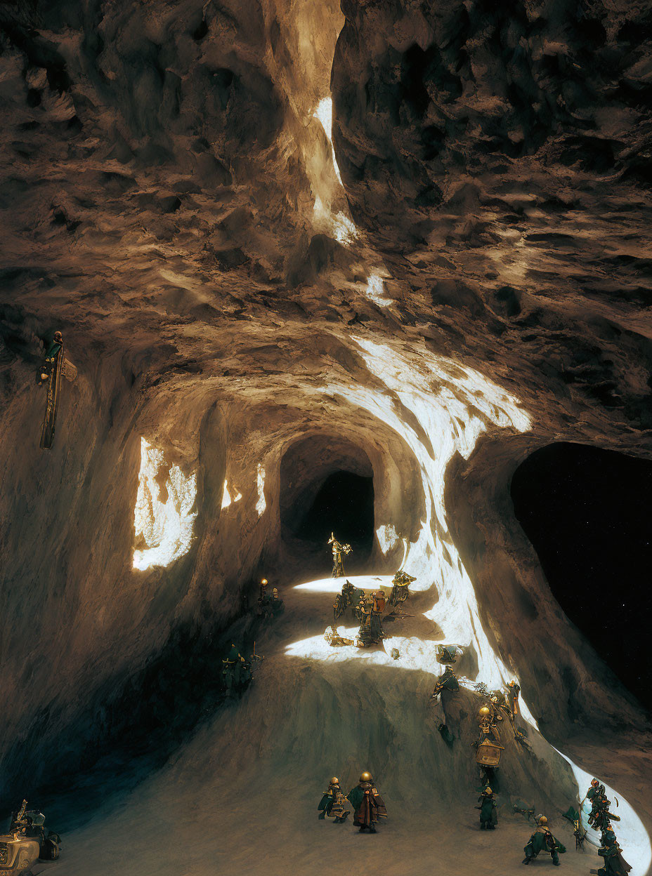 Sunlit Ice Cave with Silhouetted Figures and Smooth Floor