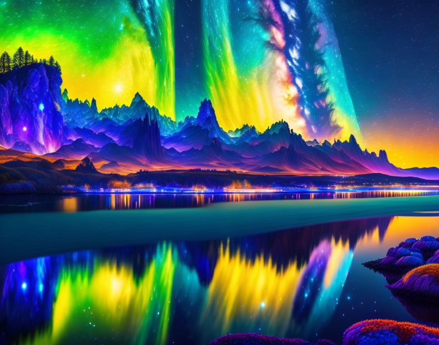Northern Lights illuminate mountain landscape with colorful reflection