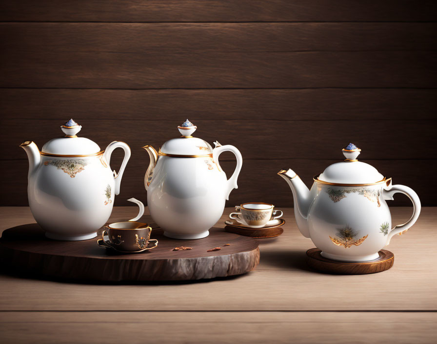 White Porcelain Tea Set with Gold Detailing on Wooden Table