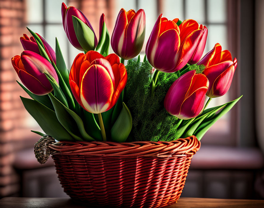 Colorful Tulip Bouquet in Woven Basket on Table by Sunlit Window