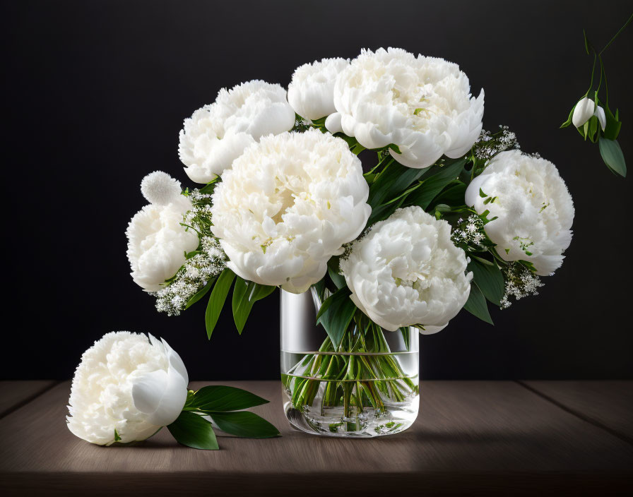 White Peonies Bouquet in Glass Vase on Wooden Surface