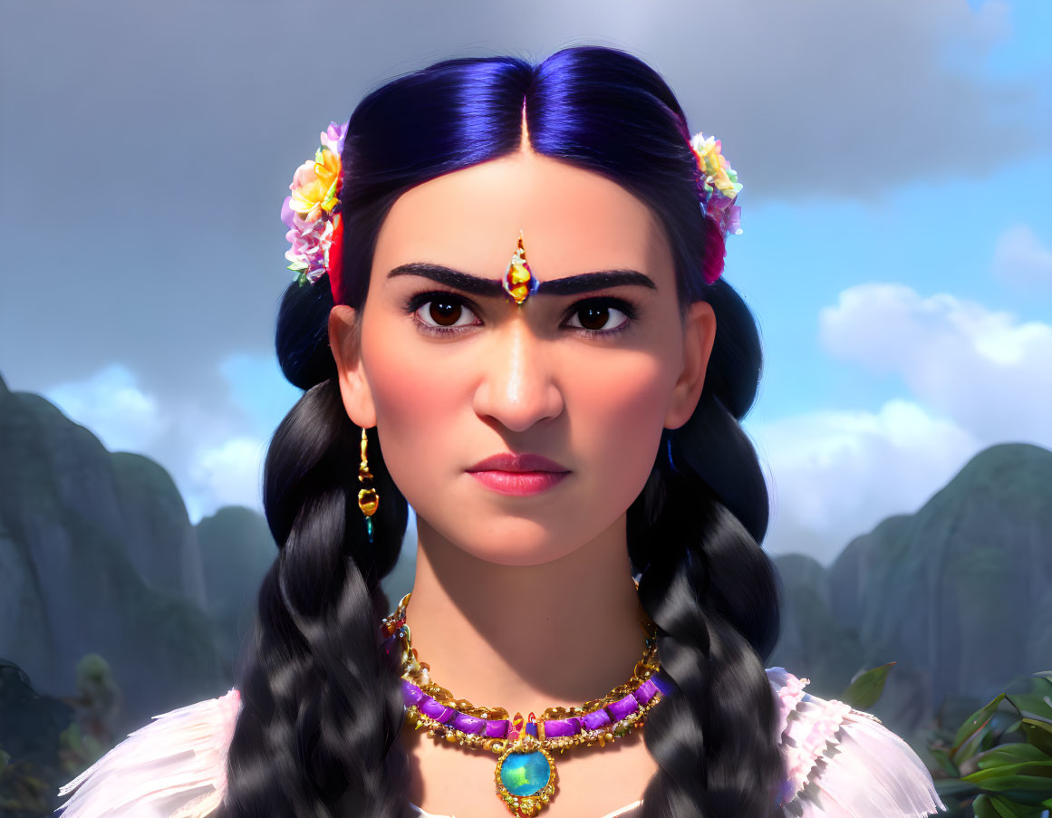 Dark-haired female character in 3D animation with headpiece and earrings, white blouse, set against