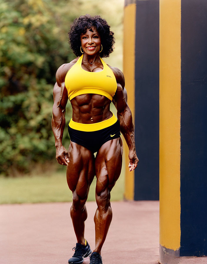Muscular woman in yellow sports bra and black shorts displays confident pose.