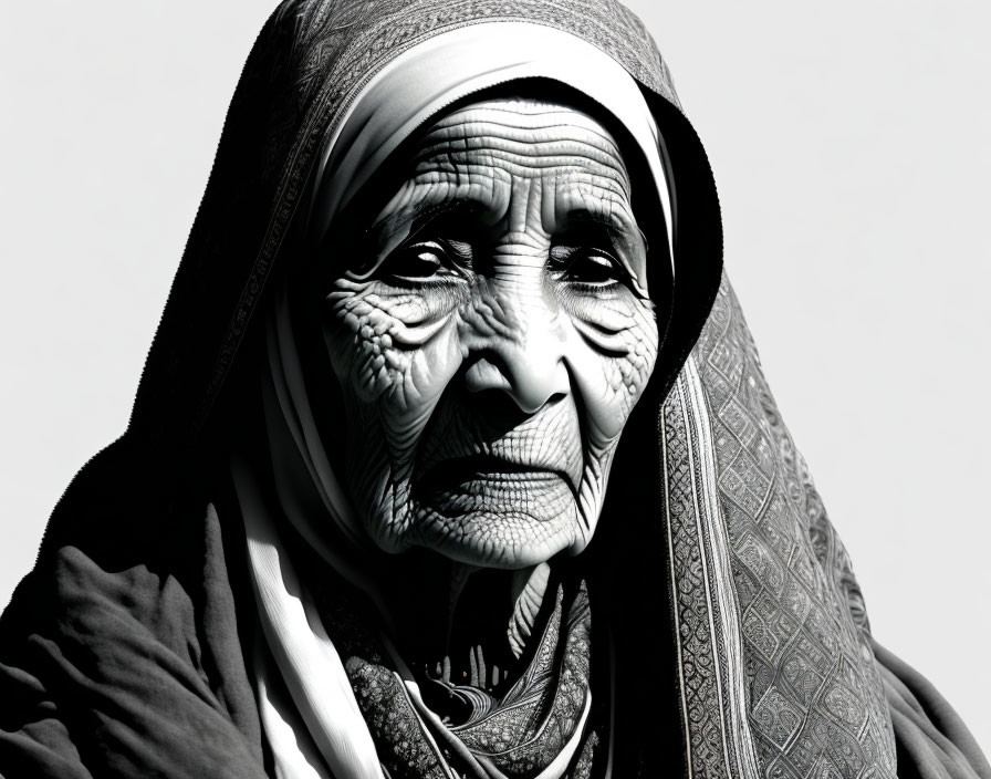 Elderly woman with deep wrinkles and headscarf in contemplation.