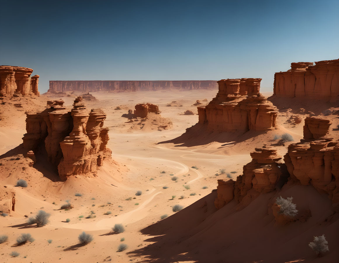 Desert landscape with sandstone formations and sparse vegetation