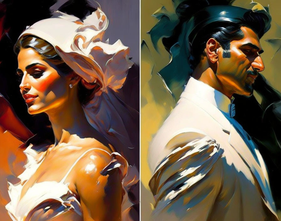 Stylized digital painting of a couple in elegant attire with dramatic lighting