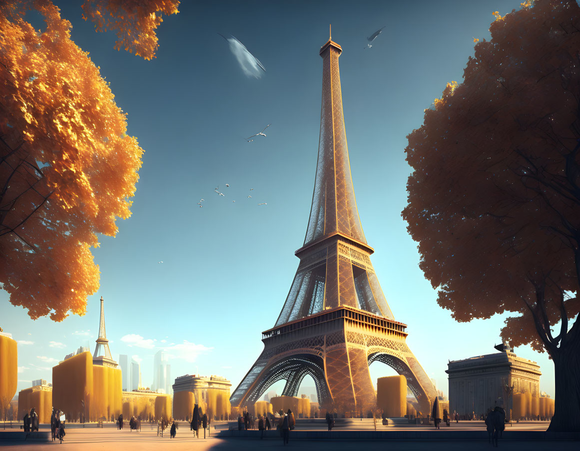 Autumn Eiffel Tower scene with golden foliage, people, and birds.