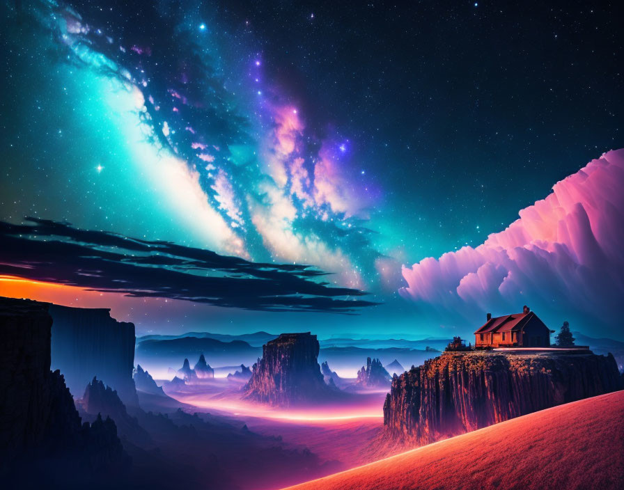 Fantasy landscape with lone house on cliff under vibrant night sky and misty mountains