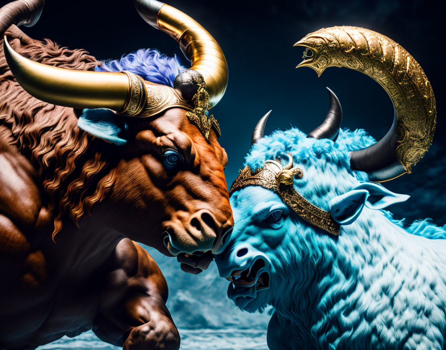 Majestic bulls with ornate horns in dramatic confrontation