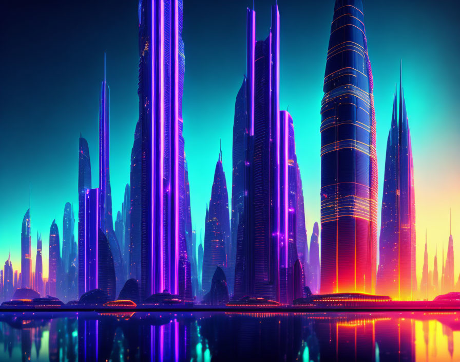 Futuristic city skyline at twilight with neon lights reflecting off skyscrapers