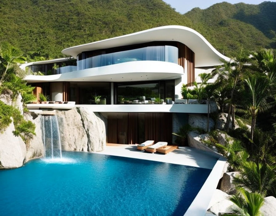 Modern luxury house with glass windows, infinity pool, and mountain backdrop