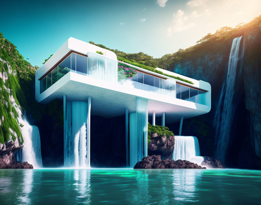 Futuristic house with flat roof over serene lake, waterfalls, and lush greenery