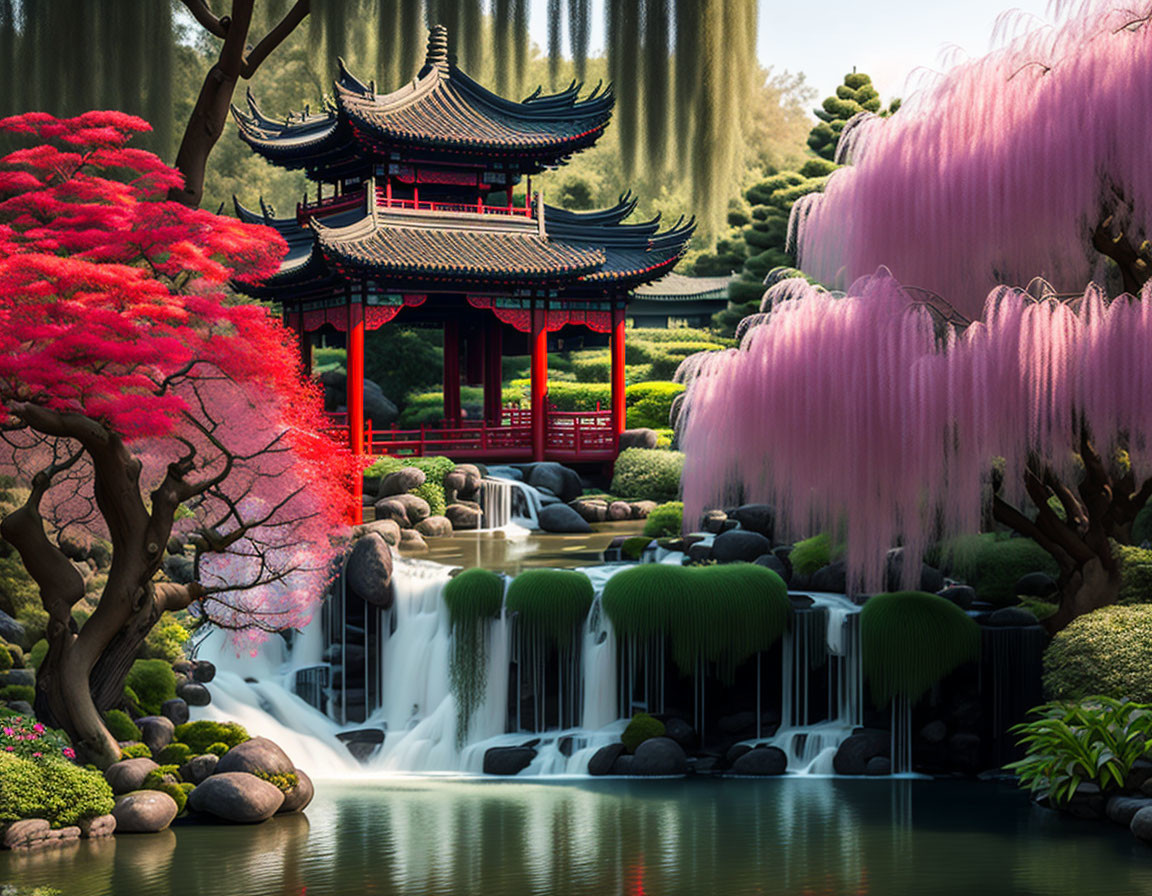 Colorful garden with red pagoda, pink willow trees, red maple, and cascading waterfall