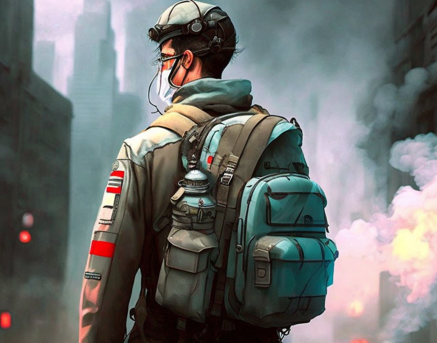 Futuristic soldier in urban setting with helmet and backpack