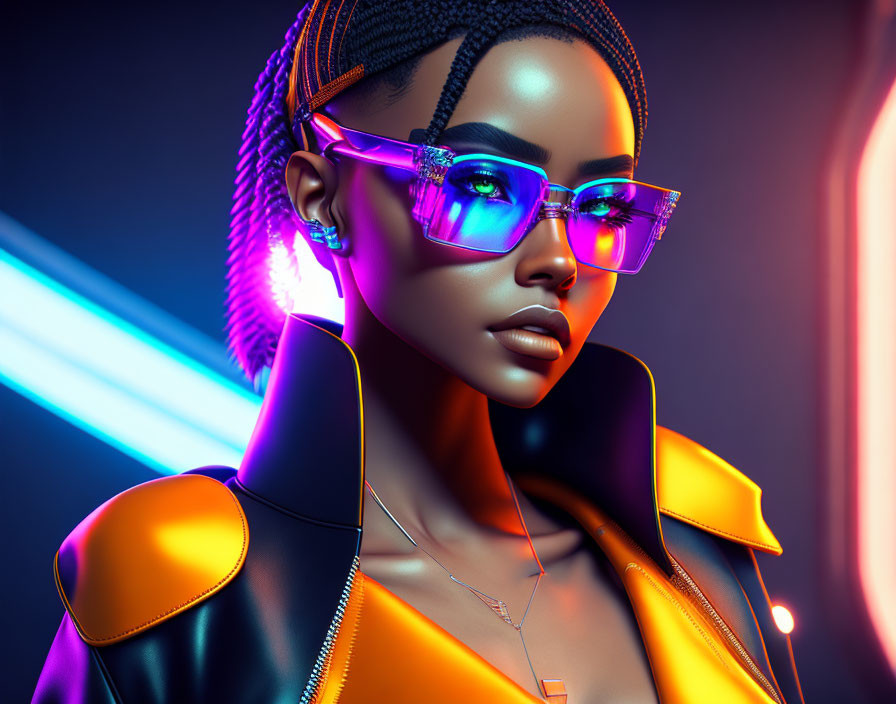Fashionable Woman with Braided Hair in Neon Glasses and Yellow Jacket on Vibrant Neon Background