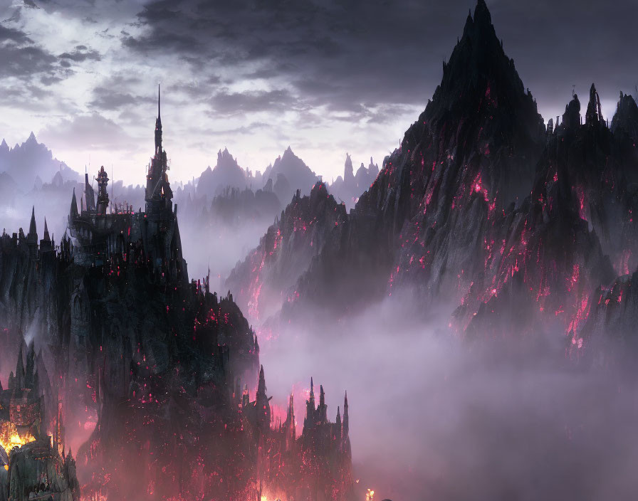 Mystical dark landscape with pink and purple hues and towering spires