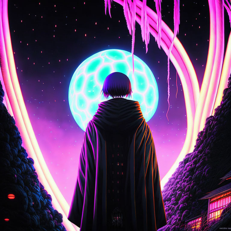 Cloaked figure with glowing blue orb in neon pink tendrils