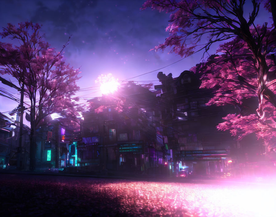 Vivid neon-lit street with cherry blossom trees under a purple sky