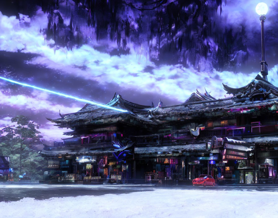Snow-covered cyberpunk cityscape with Asian architecture, red car, and neon lights.