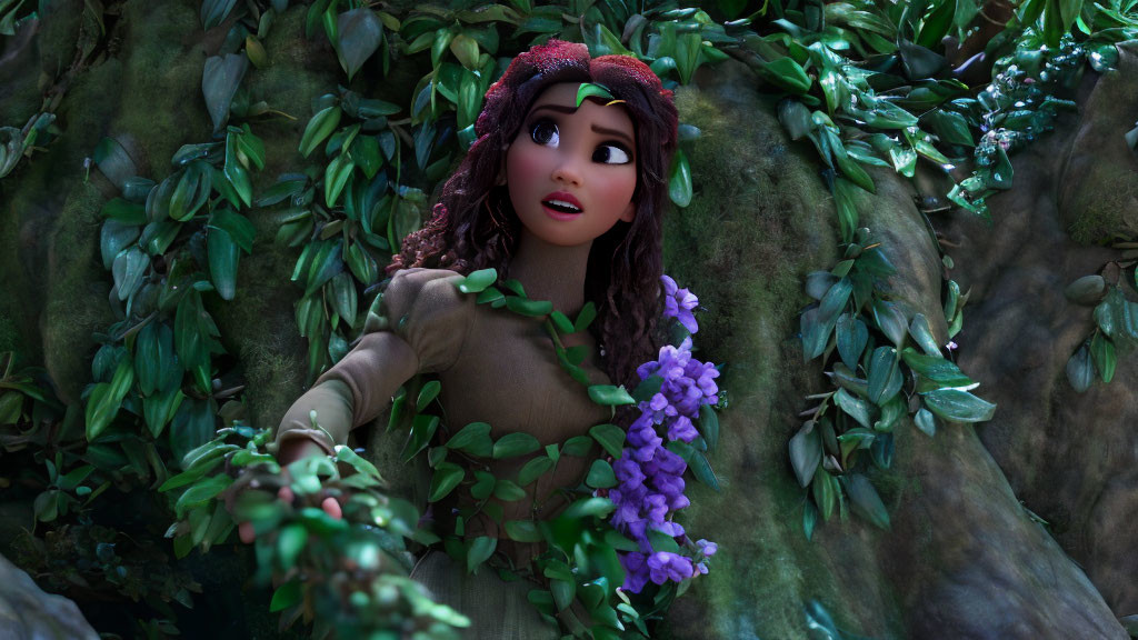 Brown-haired 3D character in green dress among lush foliage with purple flowers