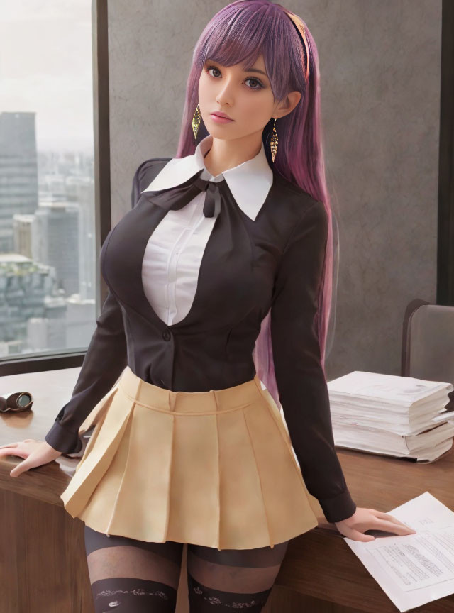 Purple-haired female character in black and white outfit at office desk.