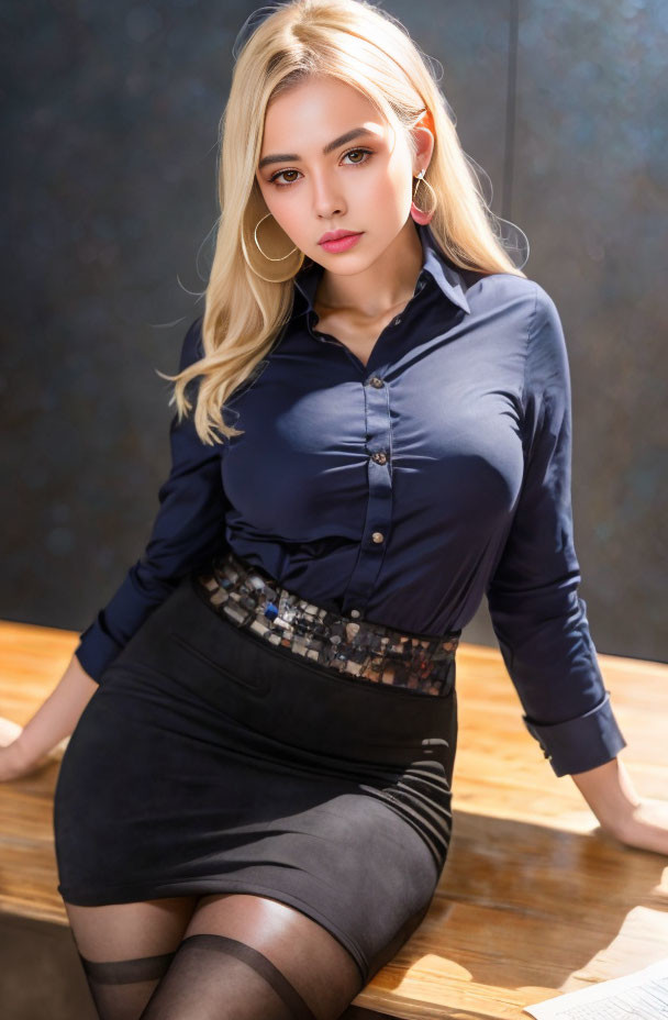 Blonde woman in blue shirt and black skirt indoors