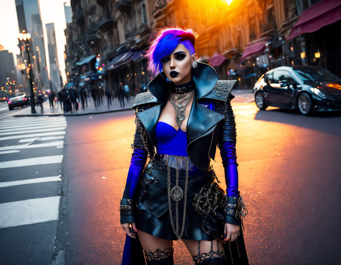 Vibrant Blue-Haired Woman in Gothic Fashion on City Street at Dusk