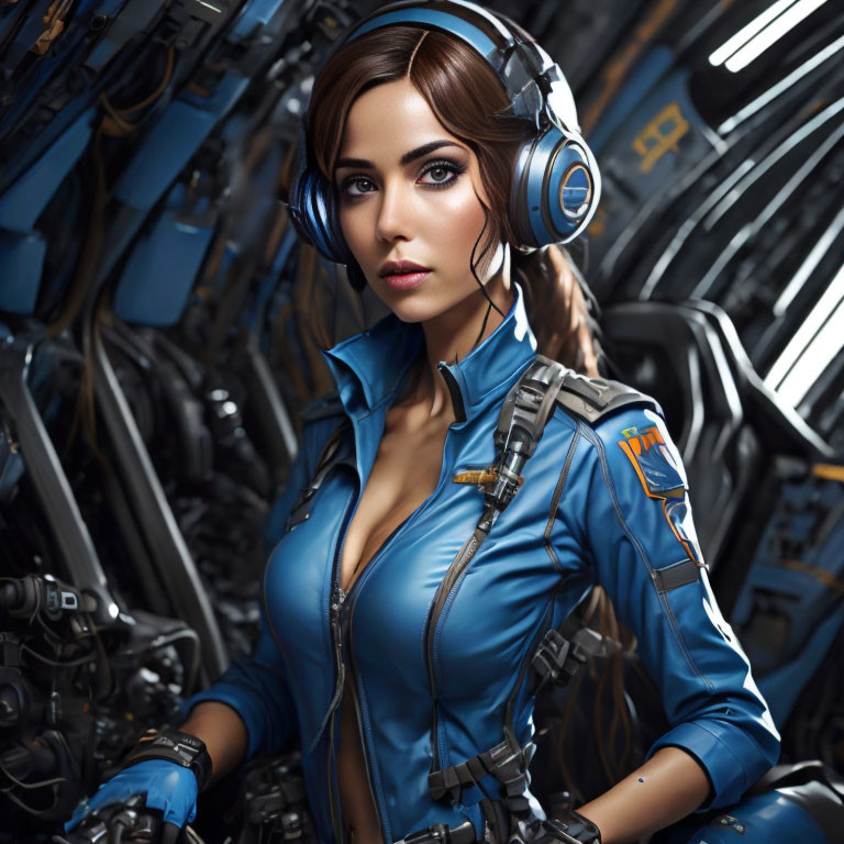 Brown-haired woman in blue jumpsuit with headphones in futuristic scene