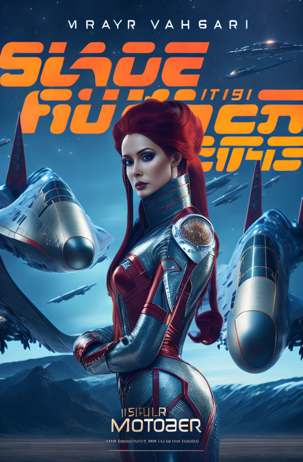 Red-haired female character in futuristic space suit with rockets and planet backdrop