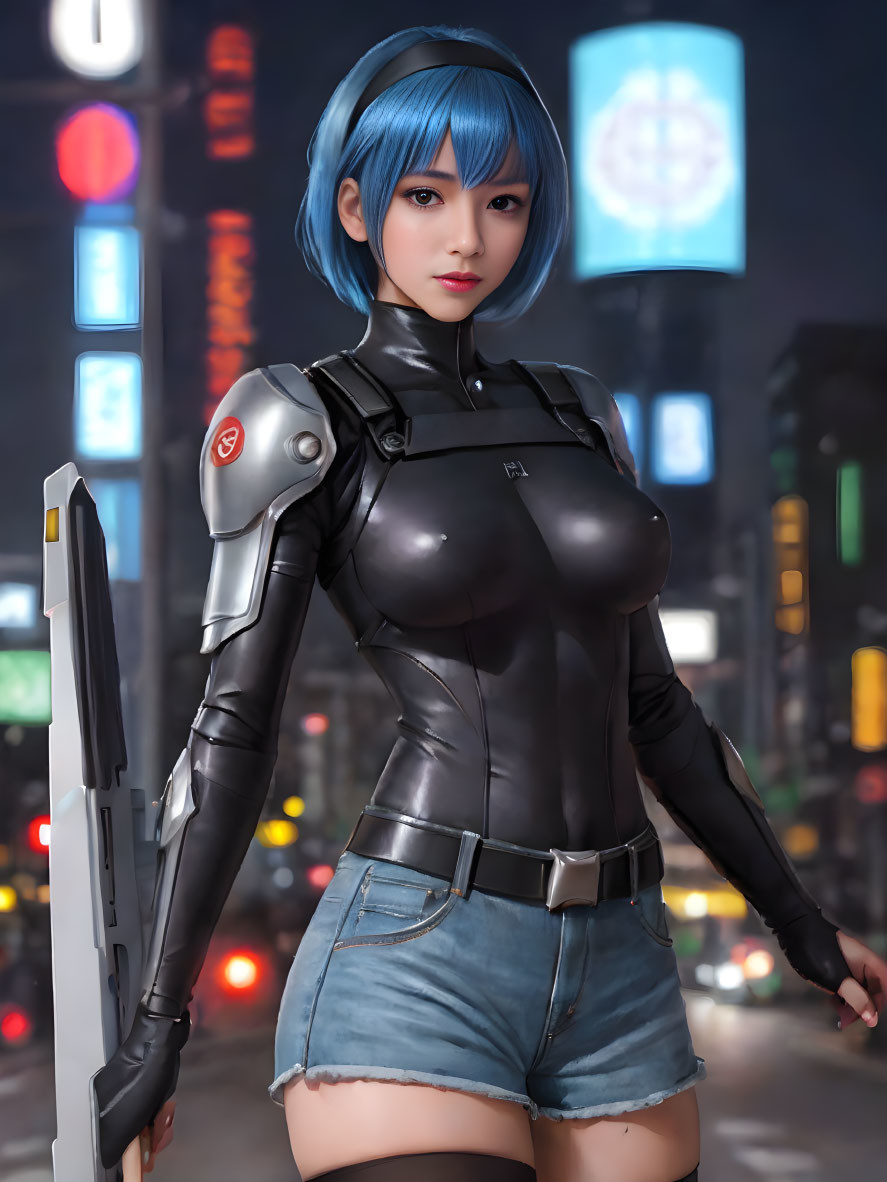 Blue-haired character in futuristic outfit wields weapon in neon-lit urban scene