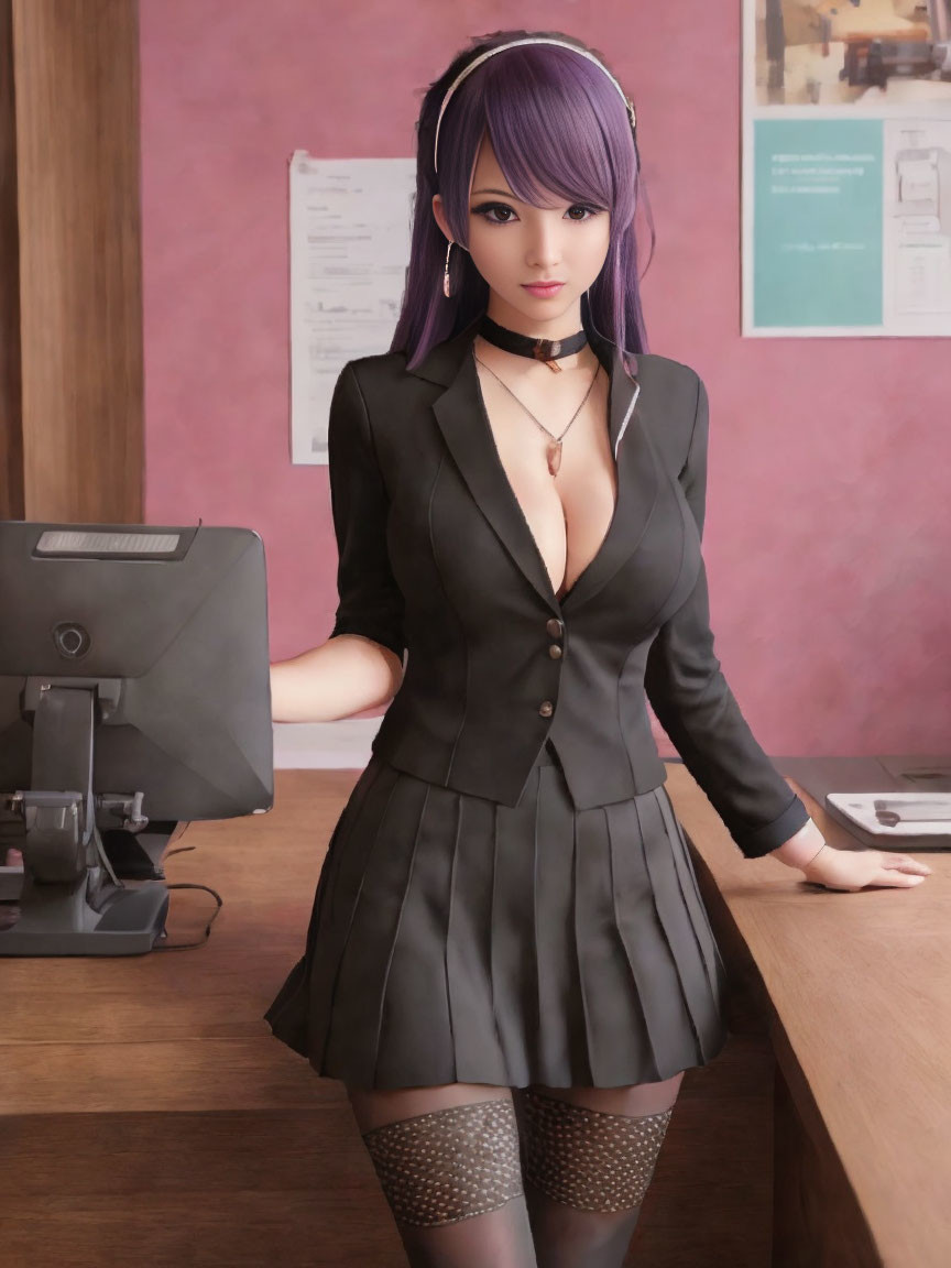 3D-rendered image: Woman with purple hair, business suit, choker in office.