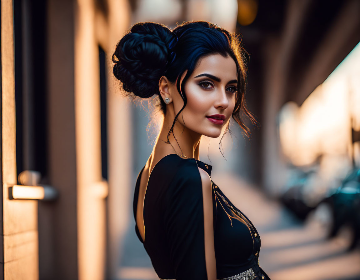 Elegant woman with updo and makeup on city street at sunset