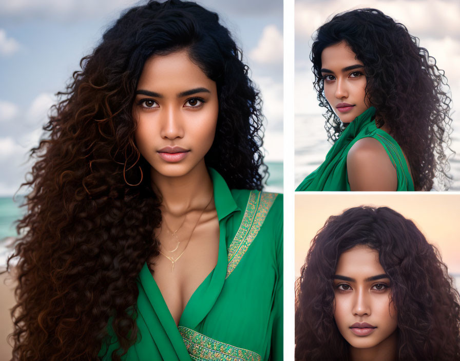 Portrait collage of woman with voluminous curly hair in green garment by serene beach