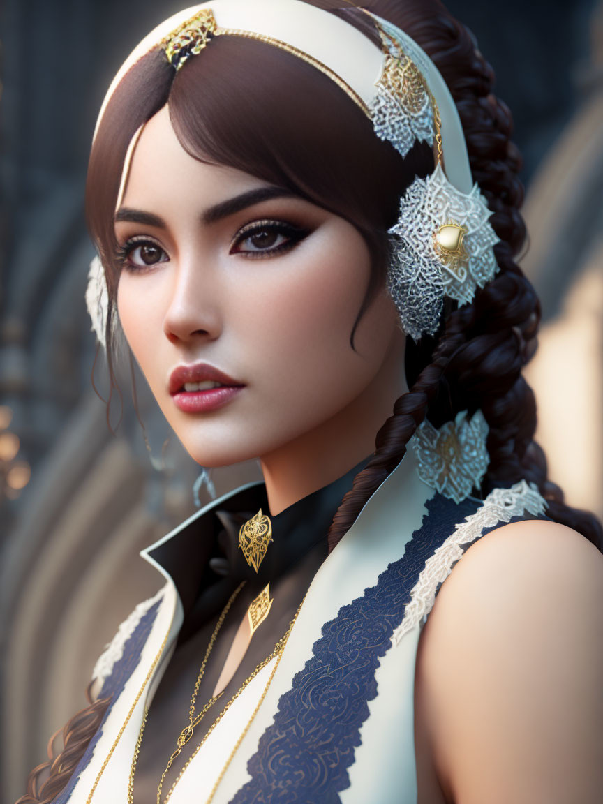 Digital portrait of woman with braided hair in white and blue dress and gold jewelry against architectural background