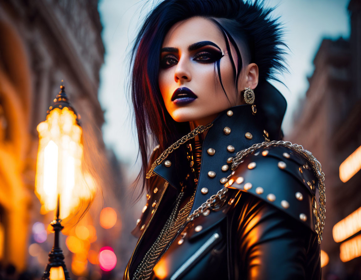 Bold Makeup Woman in Punk Style with Studded Leather Jacket in City Street at Dusk