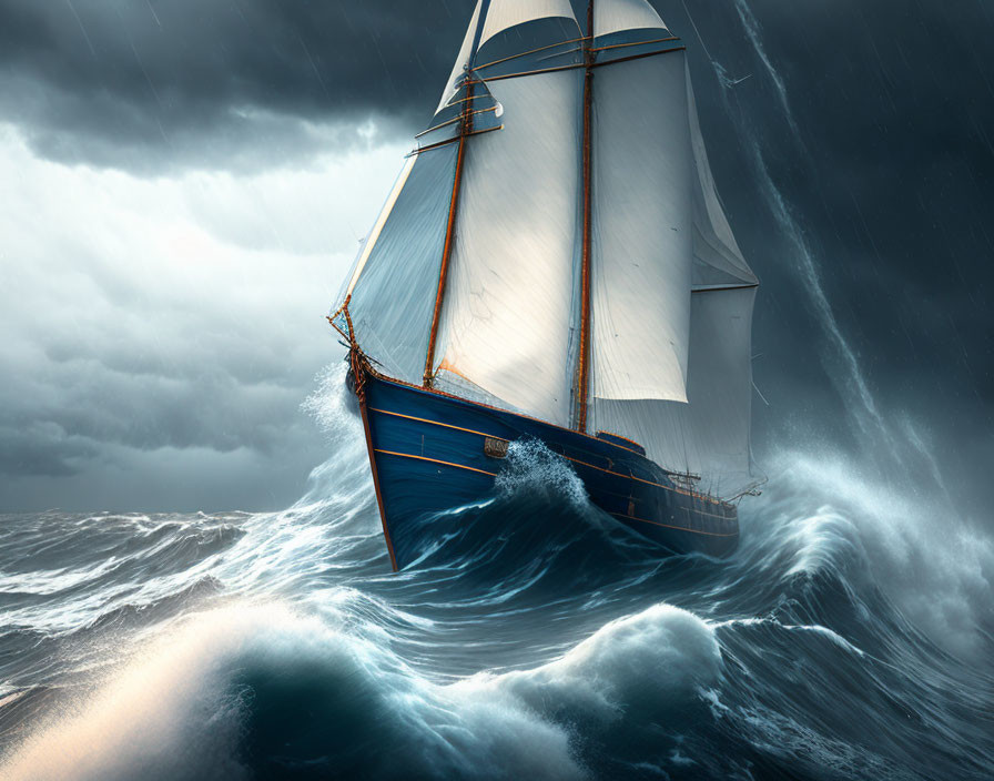 Sailboat navigating stormy waves in dark sky