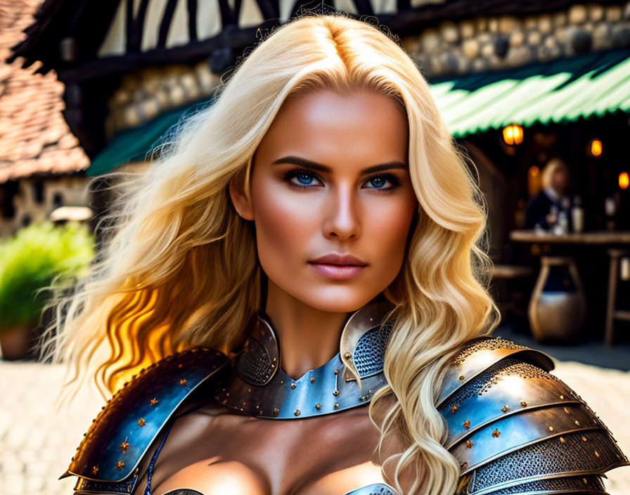 Blonde Woman in Medieval Armor with Blue Embellishments