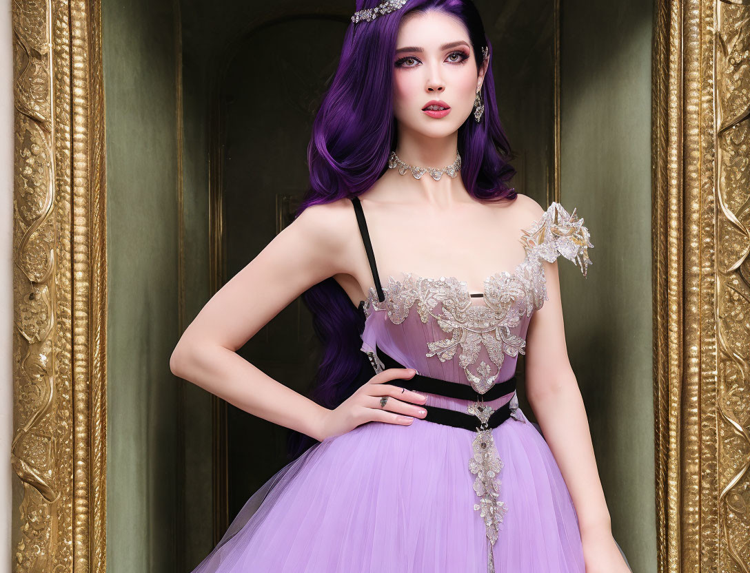 Vibrant purple-haired woman in lavender dress with lace details and accessories against gilded frame background