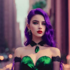 Vibrant woman with purple hair and green eyes in urban setting