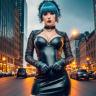 Woman with blue hair in Gothic attire in urban street at dusk
