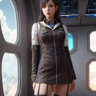 Futuristic digital artwork of woman in spacecraft cockpit with mountain view