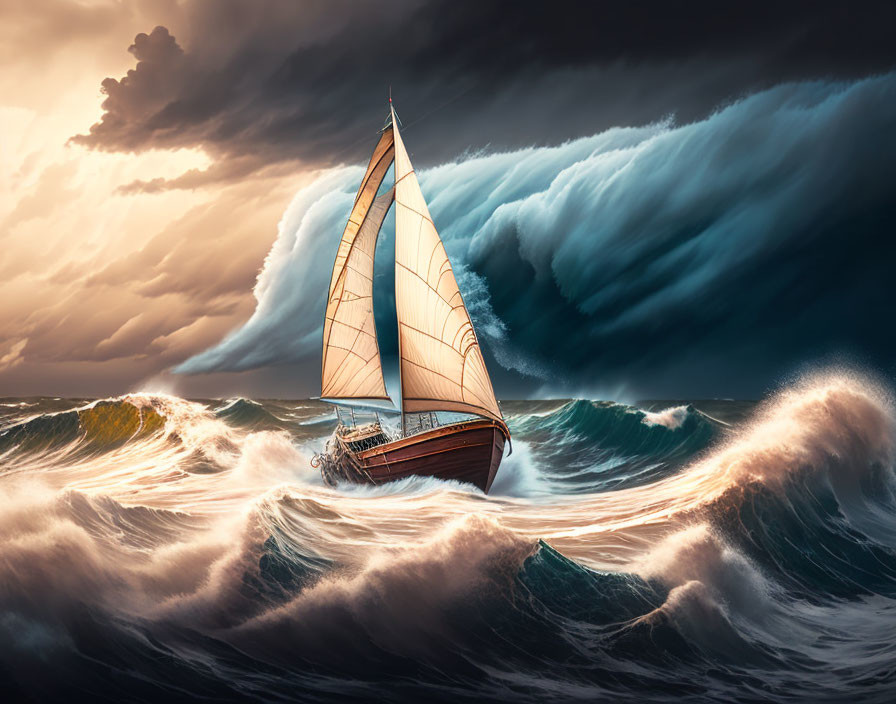 Sailboat navigating stormy seas with sunlight breaking through