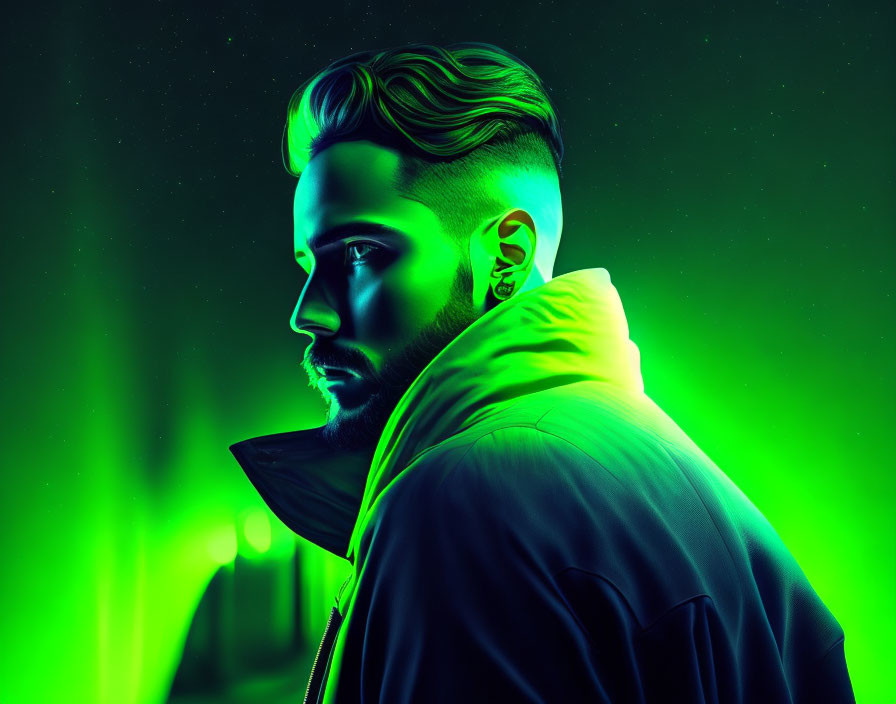 Stylized man with beard and modern haircut in neon green light